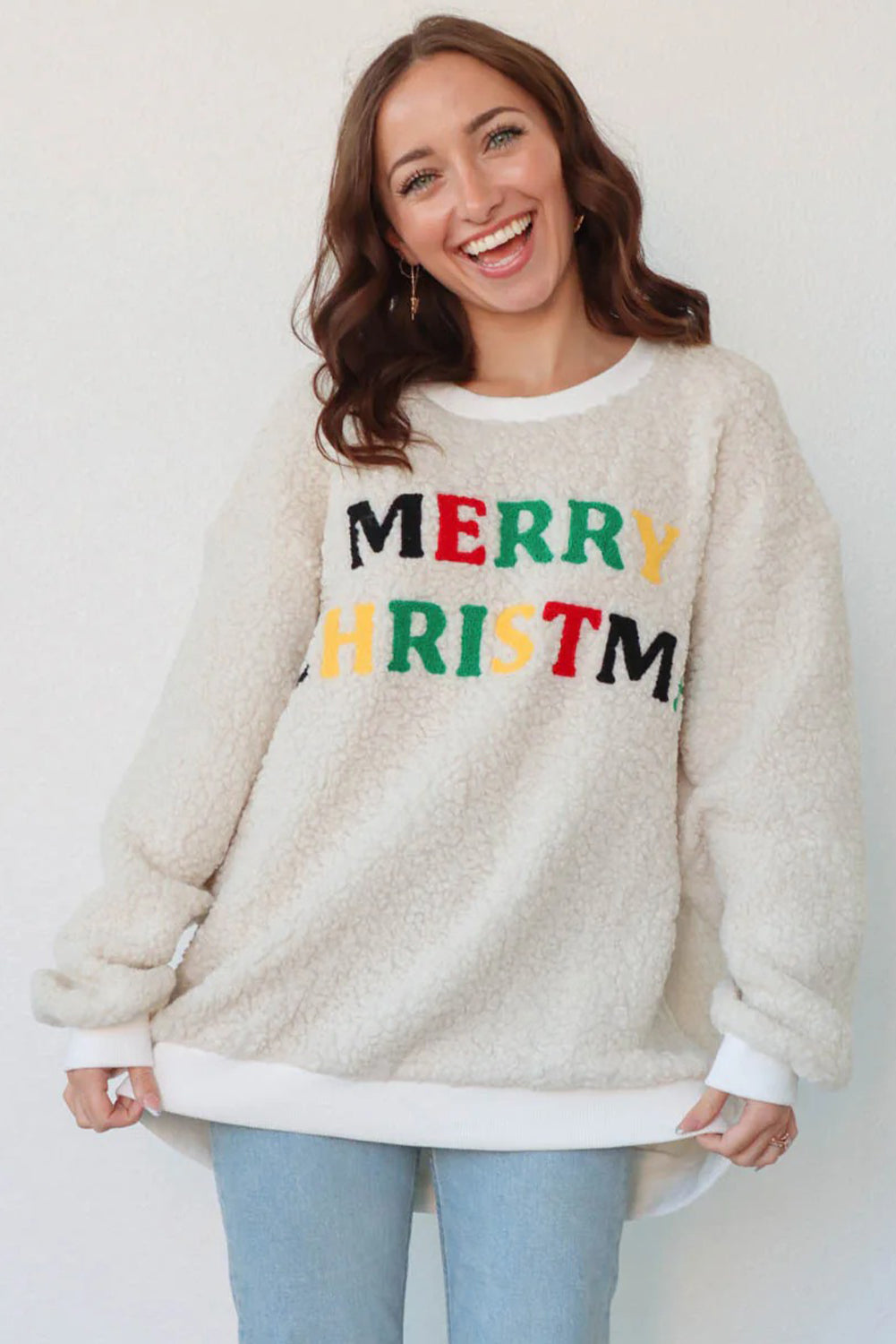 White MERRY CHRISTMAS Multicolor Embroidered Sherpa Pullover Sweatshirt Dear-Lover Dropshipping